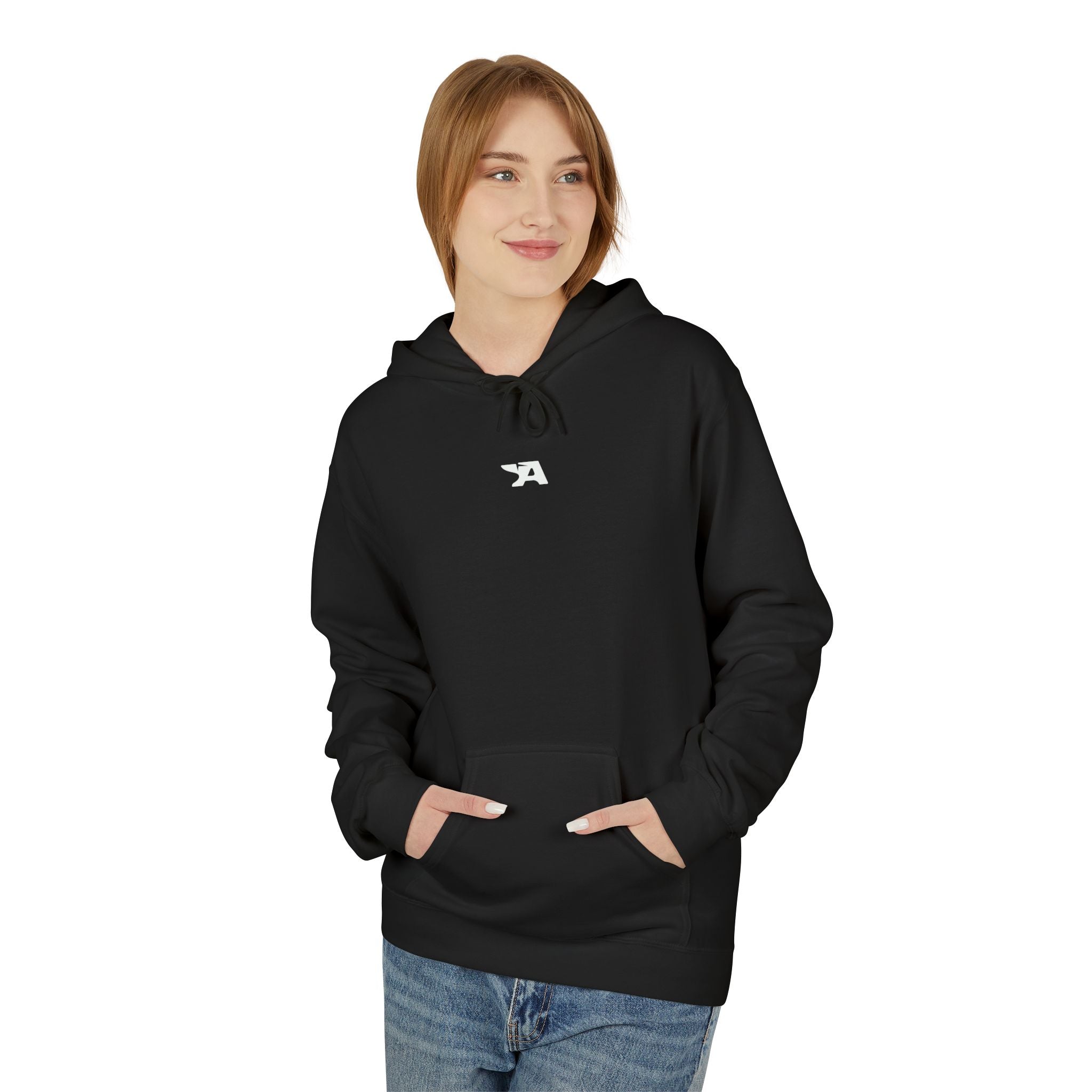 Minimal Tiny Text Hoodie | small centered chest script, white pullover