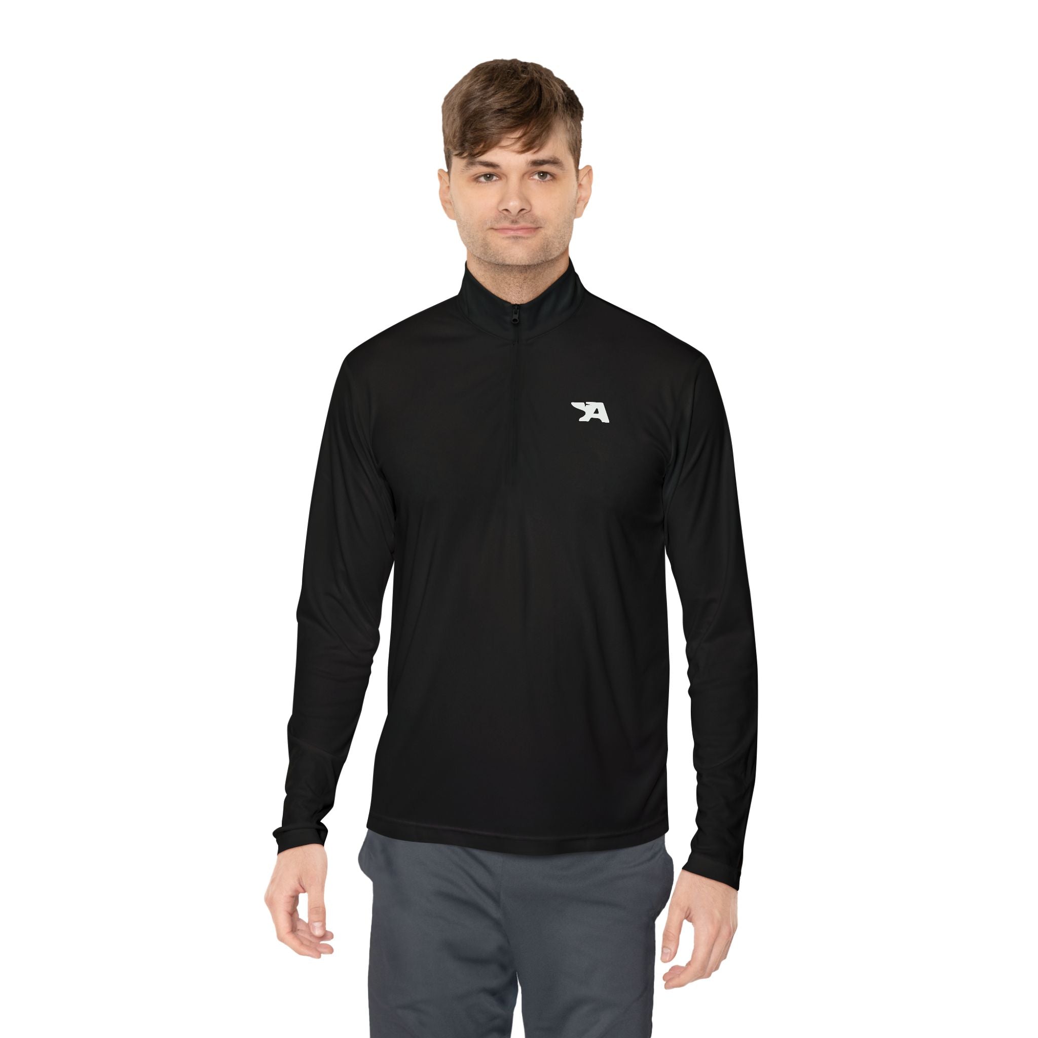 Minimal Arrow Logo Quarter Zip Pullover | Charcoal Performance Top