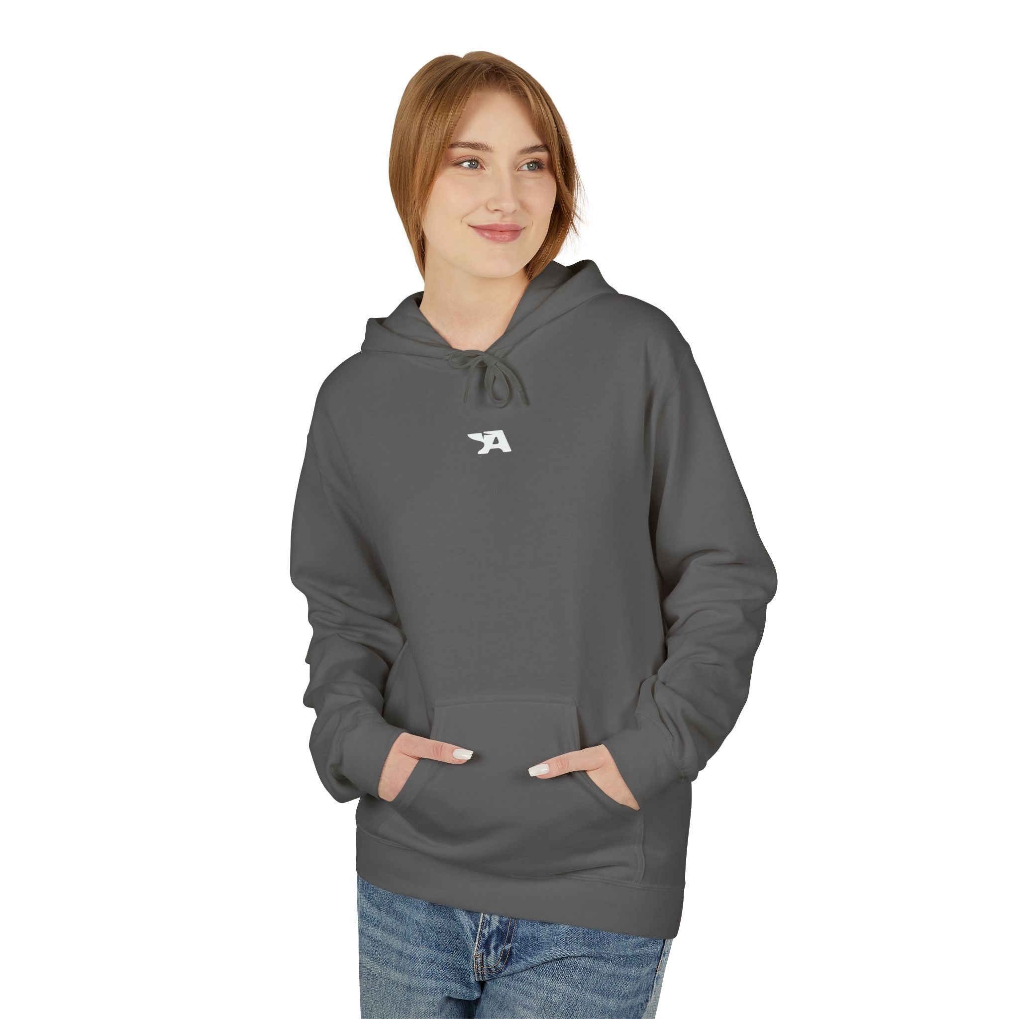 Minimal Tiny Text Hoodie | small centered chest script, white pullover