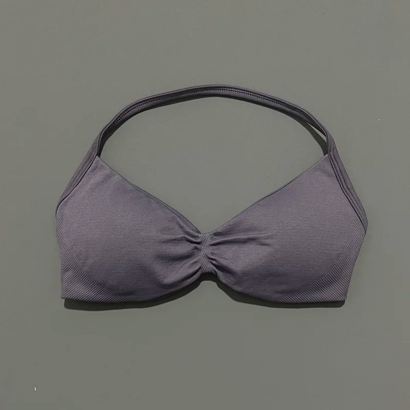 HISTELLO Strappy Bra Gym Top Women High Support Thin Strap Halter Sports Seamless Bras Scrunch Push-up Workout Yoga Tank Tops