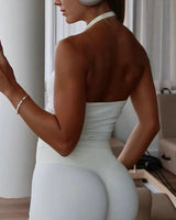 Gym Top Women Clothes Strappy Workout Tank Top Padded Sports Bra Backless Yoga Shirts Seamless Gym Crop Top Halter Fitness Vest