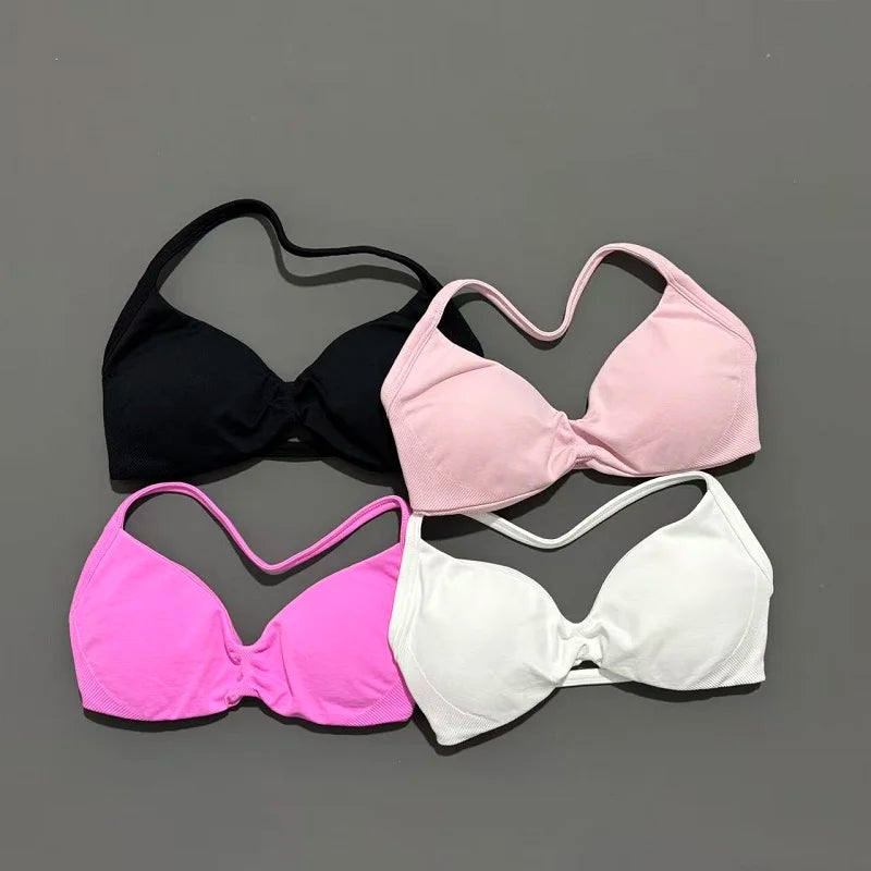 HISTELLO Strappy Bra Gym Top Women High Support Thin Strap Halter Sports Seamless Bras Scrunch Push-up Workout Yoga Tank Tops