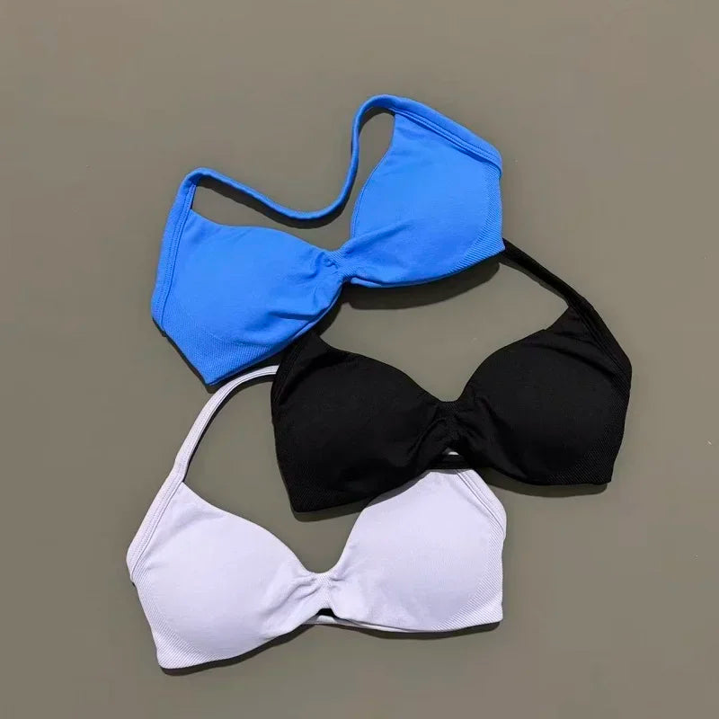 HISTELLO Strappy Bra Gym Top Women High Support Thin Strap Halter Sports Seamless Bras Scrunch Push-up Workout Yoga Tank Tops