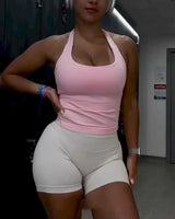 Gym Top Women Clothes Strappy Workout Tank Top Padded Sports Bra Backless Yoga Shirts Seamless Gym Crop Top Halter Fitness Vest