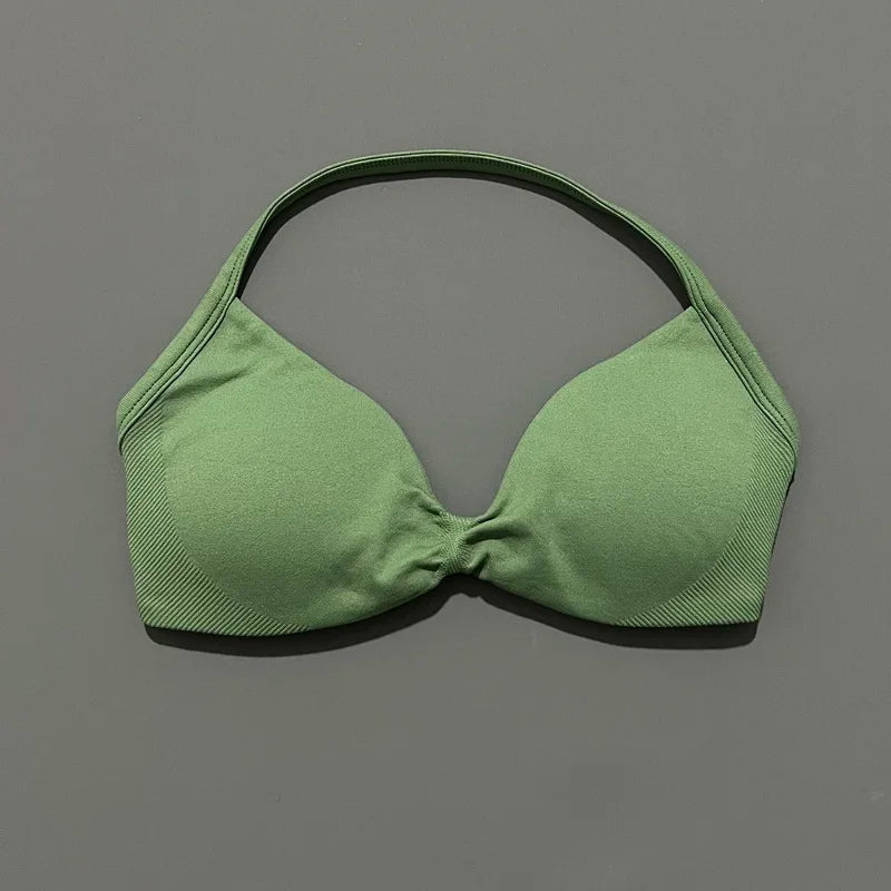 HISTELLO Strappy Bra Gym Top Women High Support Thin Strap Halter Sports Seamless Bras Scrunch Push-up Workout Yoga Tank Tops