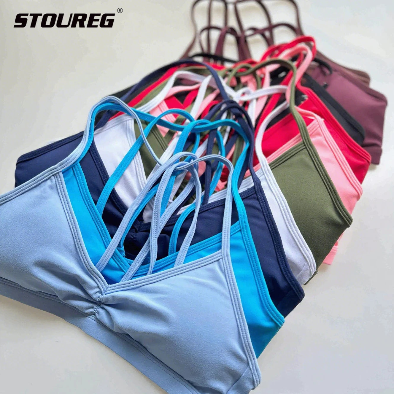 STOUREG Multiple Wear Yoga Bras for Women Minimal Sports Crop Tops with Pads Quick Dry Gym Halter Low Neck Fitness Workout Top