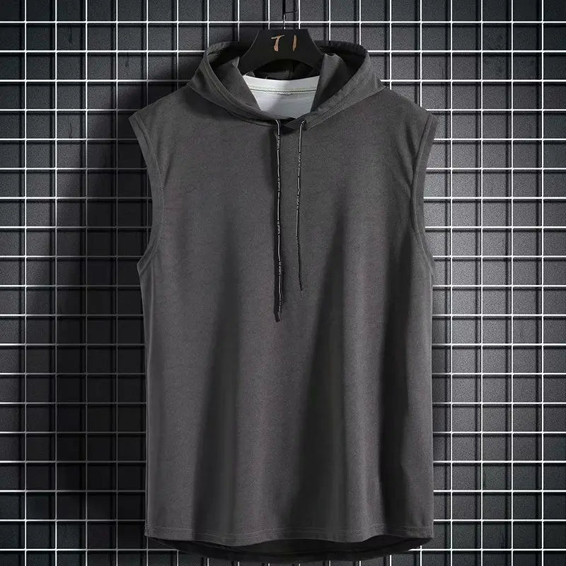 Mens Sleeveless Hooded Tank Tops Summer Gym Bodybuilding Fitness Sport Workout Singlet Solid Color Sports Vest