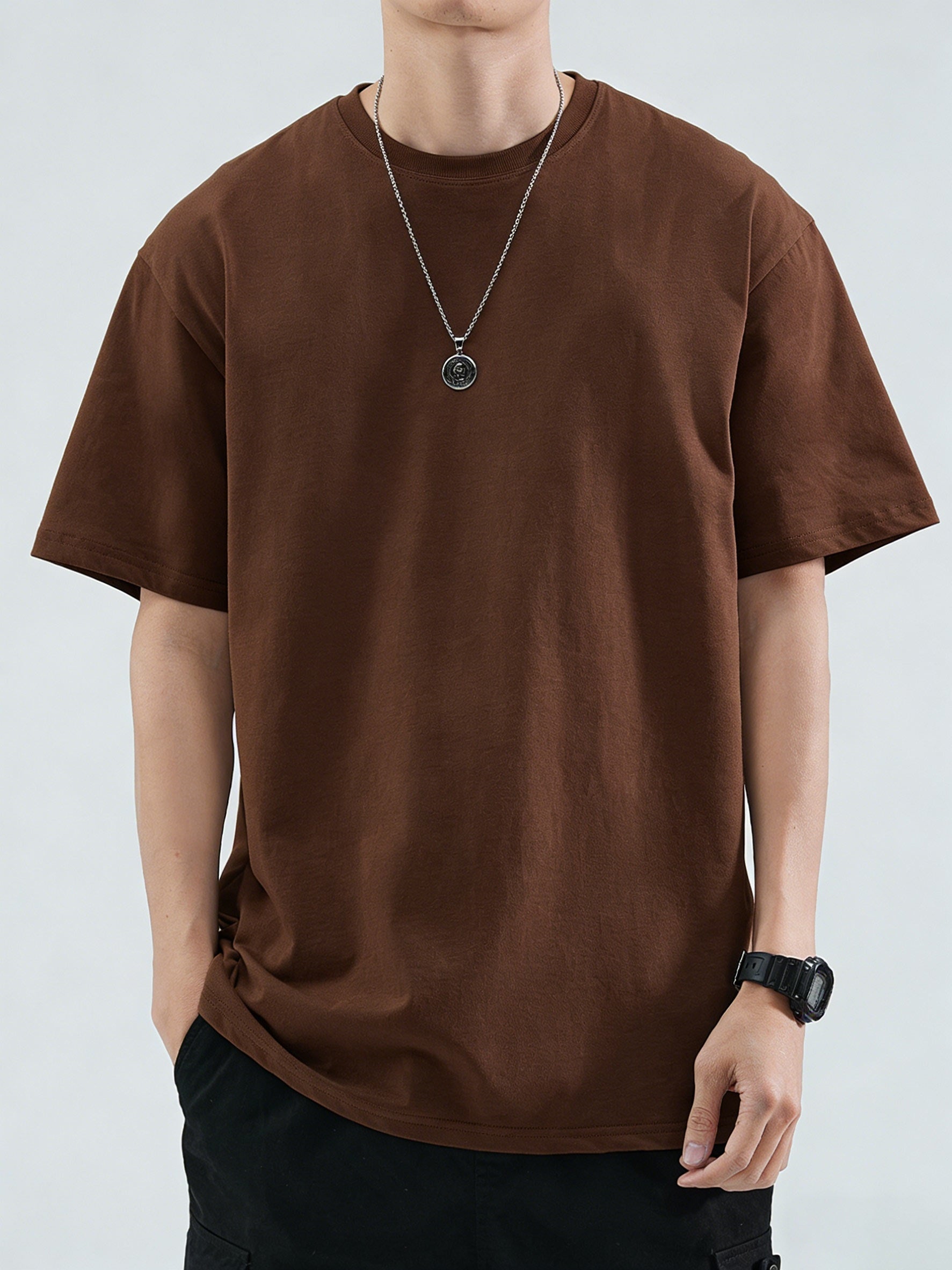 100% Cotton Printed Men's T-Shirt, Simple Comfortable Solid Color Casual Tee